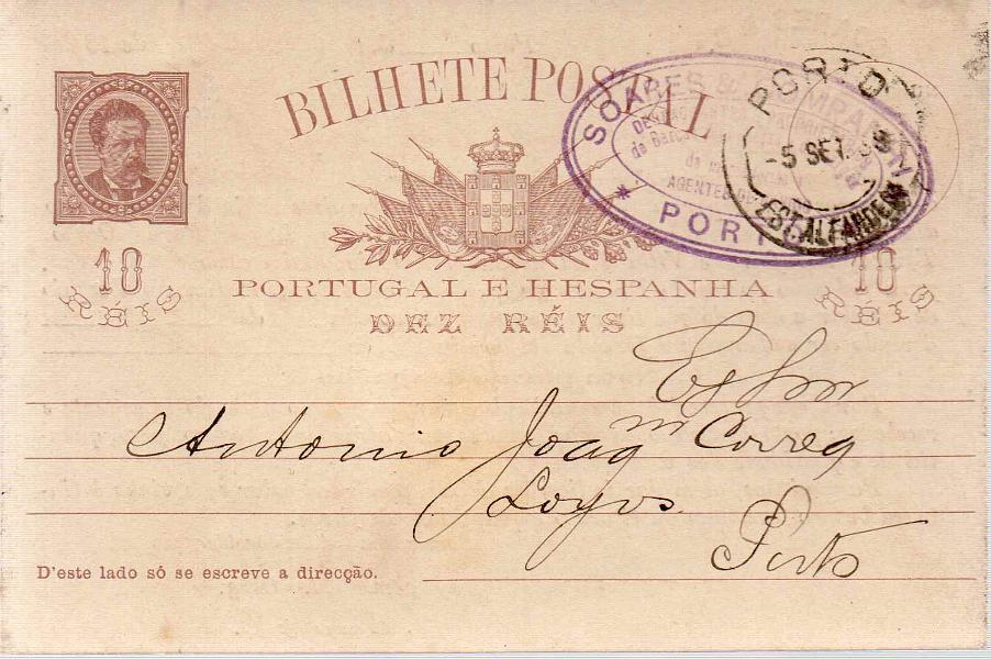 0183 f.jpg -     Lote:    183 (frente)            Portugal       Descrição:         1884/87 &mdash; D. Luís I, de frente. OM9, 10 reis castanho-escuro. Circulado do Porto / Est. Alfandega (05.09.89 para o porto. Repicado por: SOARES & C.ª.        IC       Valor Base:     &euro; 12,00     Valor Venda:     &euro; 20,00     